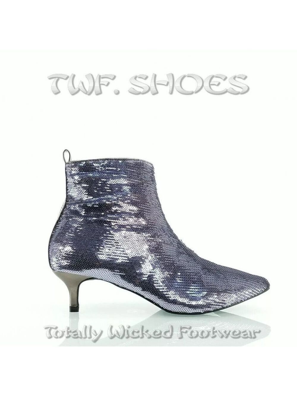 Size 8 Pewter Sequin Kitten Heels Ankle Boots - Picture 1 of 6